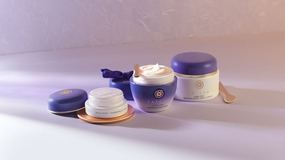 Ageless Revitalizing Eye Cream, Ageless Enriching Renewal Cream, and Ageless Revitalizing Neck Cream.