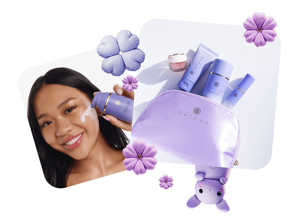 Suni Lee with the Dewy Milk Moisturizer and The Suni Lee Bundle with Jiyu-Chan and floral decorations.