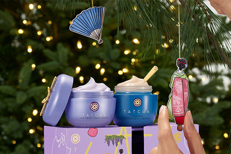  Dewy Skin Cream and Indigo Overnight Repair with Holiday Tree and Ornaments