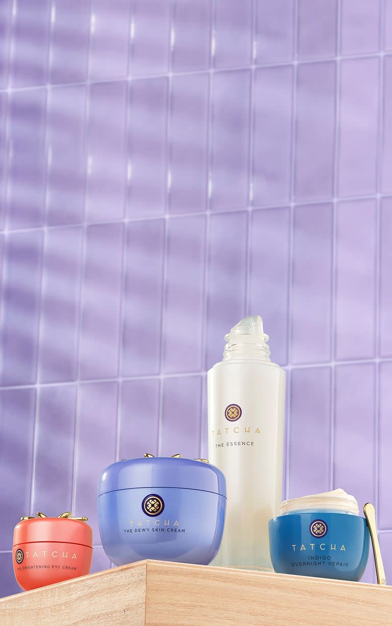 Tatcha bestsellers on wood ledge